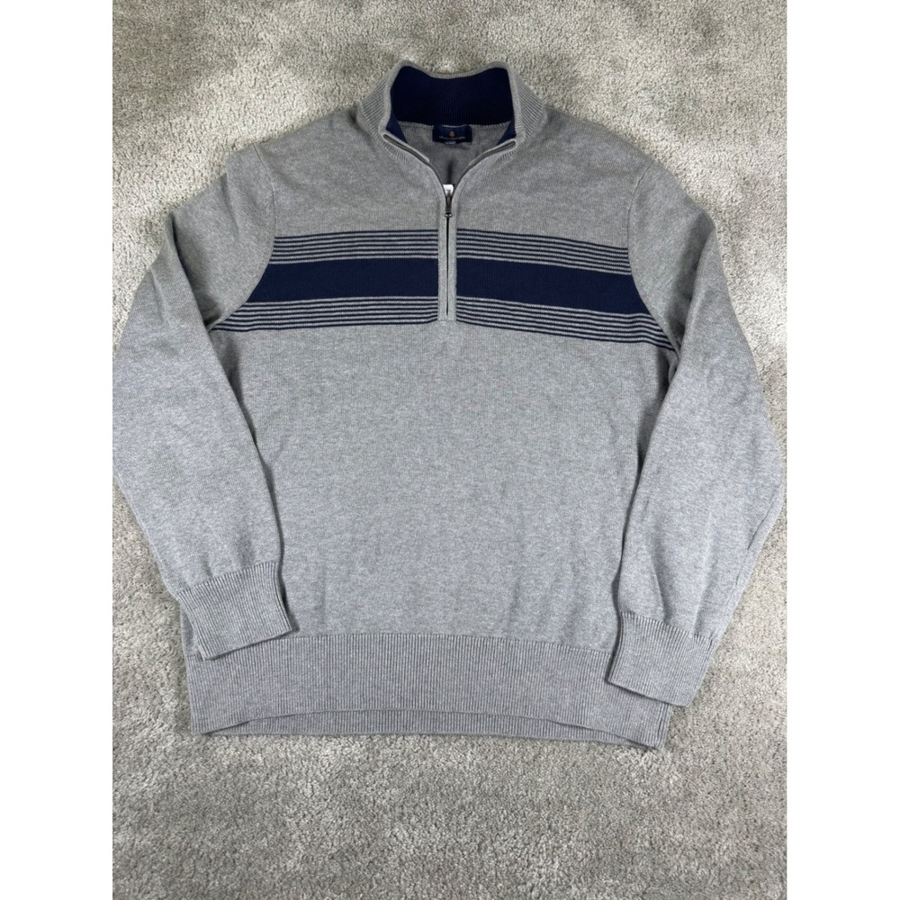 Brooks Brothers Mens XL Grey Navy Blue Striped 1/4 Zip Combed Cotton Sweater NEW